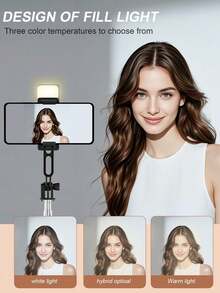 LED 三色便携式迷你蓝牙自拍杆，多角度可调三脚架，紧凑型 6.3 英寸可折叠，适用于直播、集体照和旅行，无线遥控器兼容大多数智能手机，兼容 Android 手机，适用于暑假、旅行、补光、户外活动、直播 Vlogging 设备 - 彩色 - 查看 3