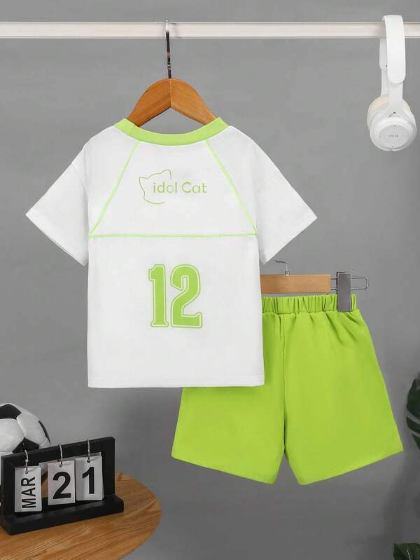 idolCat IDOCCAT 2 Stücke/Set Fußball T-Shirt und Shorts mit elastischem Bund für Kleine Jungen für den täglichen Sommer, Sporttag, Outdoor und Urlaub