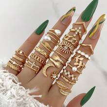 23pcs/Set Vintage Ring Set Chain Moon & Sun Design Mix And Match For Daily Outfits Party Accessories - 金色 - 查看 1