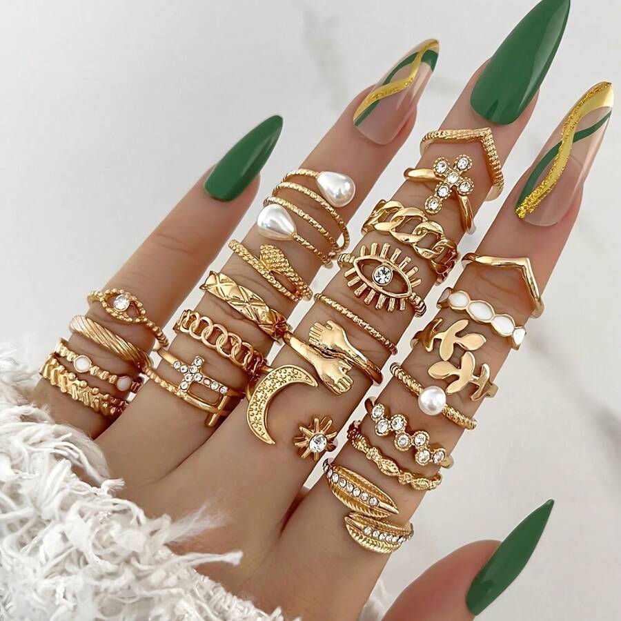 23pcs/Set Vintage Ring Set Chain Moon & Sun Design Mix And Match For Daily Outfits Party Accessories - 金色 - 查看 1