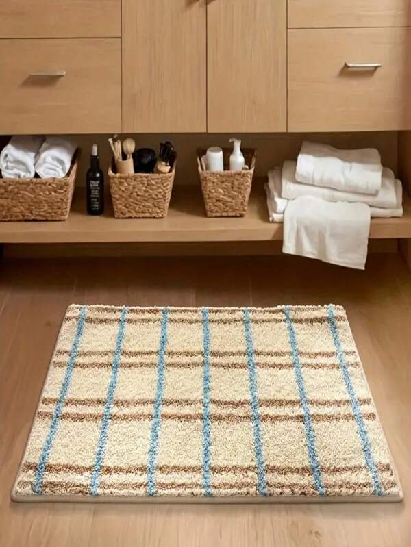 1 Pieza de Alfombra de Baño Simple a Cuadros, Absorbente de Agua, Suave y Esponjosa, Lavable a Máquina, para Bañera, Inodoro, Entrada de Ducha, Material Imitación Cachemira, 1200 Gramos por Metro Cuadrado, Lavable a Máquina, Resistente a la Suciedad, Secado Rápido, Adecuado para Decoración del Hogar