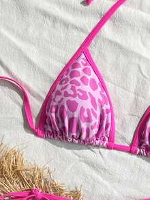 Women's Backless Leopard Print Patchwork Bikini Set (Top And Bottom), Casual Summer - Hot Pink - View 4