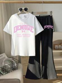 2 件青少年女孩端庄印花套装，短袖宽松喇叭裤柔软两件套，夏季休闲装，女孩套装 - 白色 - 查看 2