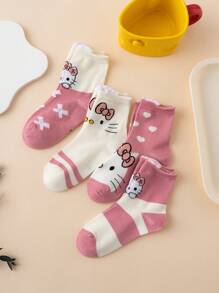 4 Pairs Cute Cartoon Multicolor Jacquard Sanrio Hello Kitty Heart Striped Pattern Kids Socks, Breathable Sports Socks, All Season, European Size, Comfortable, Durable, Vibrant Colors, Suitable For Daily Wear, Premium Fabric, Non-Stuffy