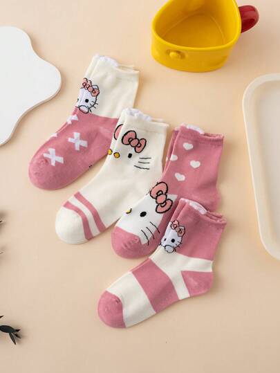  4 Pairs Cute Cartoon Multicolor Jacquard Sanrio Hello Kitty Heart Striped Pattern Kids Socks, Breathable Sports Socks, All Season, European Size, Comfortable, Durable, Vibrant Colors, Suitable For Daily Wear, Premium Fabric, Non-Stuffy