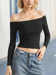 tooluck Womens Off The Shoulder Tops Long Sleeve Going Out Basic Shirts Cute Y2K Fall Fashion 2025 Black - 黑色 - 查看 1