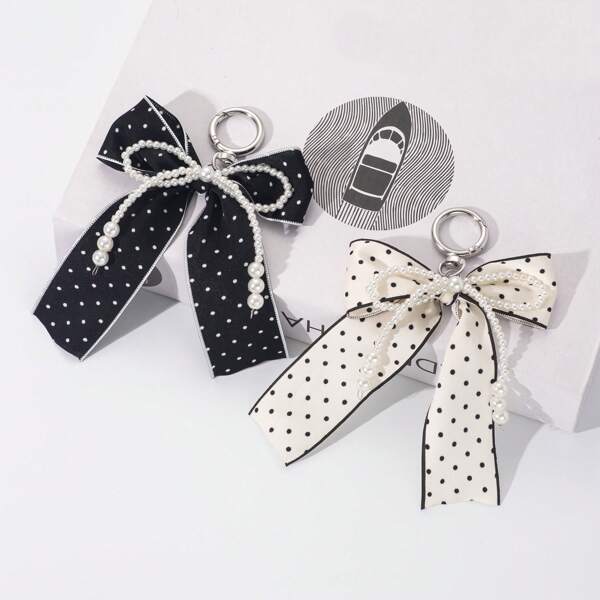 1pc Polka Dot Ribbon Keychain Pendant, Featuring Ribbon And Beaded Bow Decor, Elegant Butterfly Theme Bag Charm And Holiday Gift