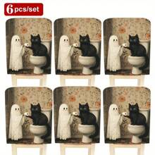 1 Stück/4 Stücke/6 Stücke/10 Stücke Halloween Katzen- & Geister-Muster Plüsch Stuhlbezug, abnehmbarer Kurzflor Stoff Stuhlüberzug, Rückenschutz für Stühle, geeignet für alle Jahreszeiten, Feiertags-Dekorationsstuhlbezug für Esszimmer, Wohnzimmer, Zuhause, mit Rückenschutz, passend für Esszimmer, Büro, Wohnzimmer, Hotel und Heimdekoration
