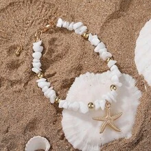2pcs Summer Beach Vacation Boho Handmade Beaded Starfish Anklet Set, Bohemian Style Glass Rice Bead Ankle Chain For Women's Daily Wear Travel Holiday - 1pc White Stone Starfish Anklet - View 4