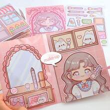Juego de casa de muñecas de papel para armar DIY, diseño caricatura encantadora de una niña en su rutina diaria con pegatinas de vestimenta y manualidad con materiales pre-cortados. Perfecto para descompresión sensorial, actividades creativas y album de recortes. - casa de muñecas de papel rosa - Ver 11