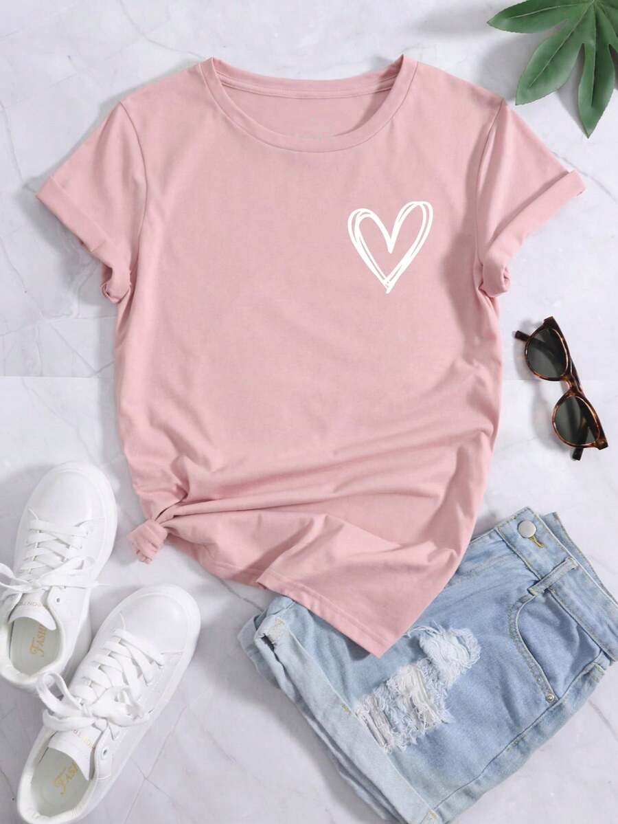 Camiseta para mujer con estampado de corazón y cuello redondo - Rosa - Ver 1
