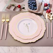 WDF Partyware 150Pcs Pink Gold Plastic Plates & Disposable Silverware, Pink Disposable Plates For Party Include 30 Dinner Plate,30 Dessert Plate,30 Knives,30 Forks,30 Spoons For Wedding Catering - 粉色 - 查看 4