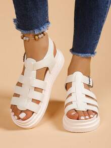 女士平底凉鞋，新款厚底黑色凉鞋，罗马风格凉鞋，防滑百搭时尚凉鞋，夏季休闲沙滩凉鞋 - 米色 - 查看 4