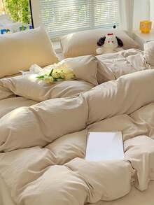 3pcs Solid Color Washed Soft Bedding Set - Khaki - View 4