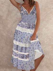 Women Tie Shoulder Boho Floral Maxi Dress Y2k Smocked Flowy Lace Sundress Y2k Spaghetti Strap Sleeveless Summer Long Beach Dress - 水鴨藍 - 查看 1