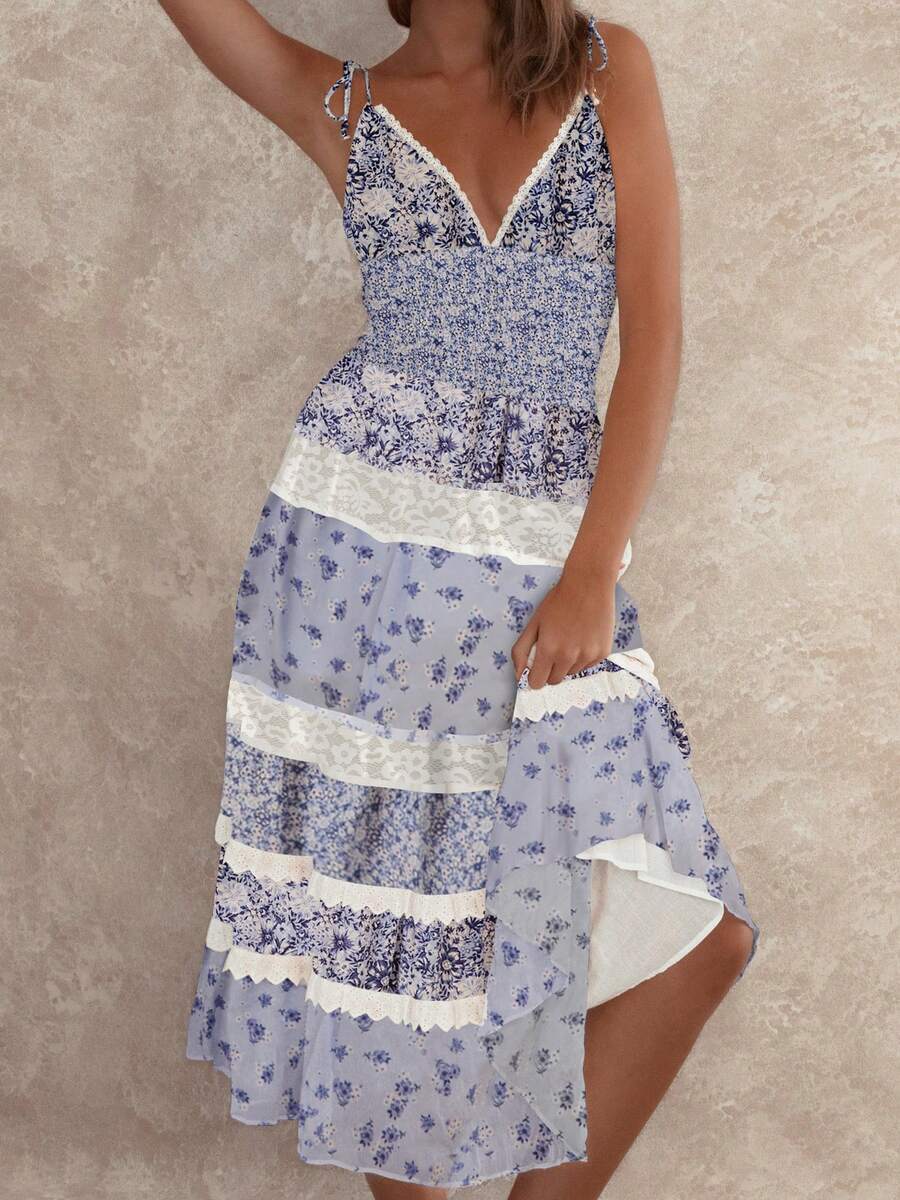 Women Tie Shoulder Boho Floral Maxi Dress Y2k Smocked Flowy Lace Sundress Y2k Spaghetti Strap Sleeveless Summer Long Beach Dress - 水鴨藍 - 查看 1