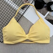 Áo lót hai dây, áo ngực thể thao không lưng dây mảnh dành cho nữ, hỗ trợ nhẹ, áo tập ngắn, áo ngực yoga xếp ly không đường may có đệm mút mùa xuân - Butter Yellow - Xem 4