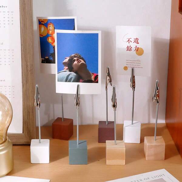 1 pezzo Base a cubo leggera, portamemo in legno con colori retrò e fermaglio a coccodrillo per esporre biglietti da visita, foto, note, per forniture scolastiche, per il ritorno a scuola
