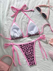 Women's Backless Leopard Print Patchwork Bikini Set (Top And Bottom), Casual Summer - Dark Pink - View 6