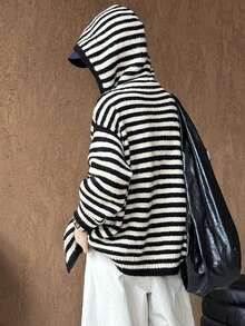 Hooded Long Sleeve Contrast Striped Knit Sweatshirt Sweatshirt, Loose Knitted Jacket, Versatile Top For Autumn/Winter, Random Piece