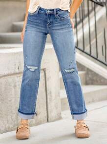 Women's Mid Rise Distressed Roll Cuff Jeans, Crafted From Premium Stretch Denim Fabric, Boasting Multiple Ripped Details, Classic Five - Pocket Design, And A Comfortable, Laid - Back Look