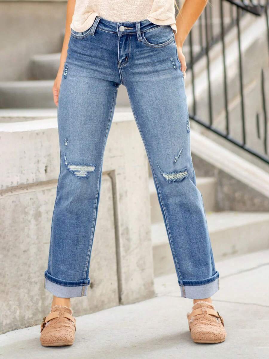 Women's Mid Rise Distressed Roll Cuff Jeans, Crafted From Premium Stretch Denim Fabric, Boasting Multiple Ripped Details, Classic Five - Pocket Design, And A Comfortable, Laid - Back Look