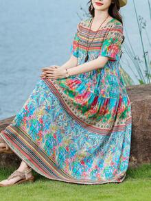 FANMUER Abito midi boho da donna con tasche, linea ad A, collo rotondo, maniche corte, stampa floreale colorata in tessuto tessuto, stile estivo