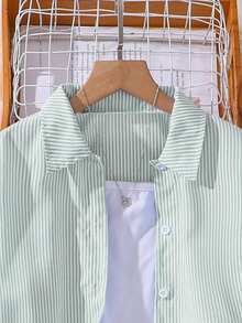Left Mama 2pcs/Set Tween Girl New Autumn Collared Long Sleeve Shirt And Pants - Mint Green - View 3