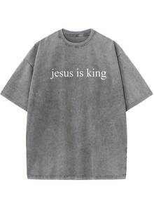 Comfortable Color Jesus Is King Shirt, Christian Shirt, Religious Shirt, Jesus Lover Shirt, Christian Shirt Easter Theme Event Gift Double Cotton Drop Shoulder T-Shirt Women's Retro Street Basic T-Shirt Loose Hip-Hop Unisex Top Washed T-Shirt - 灰色的 - 查看 1