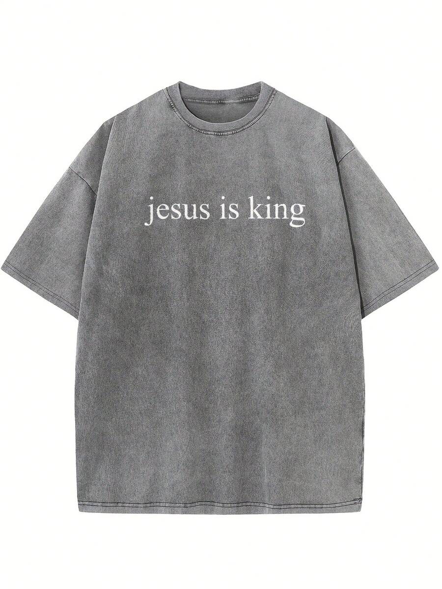 Comfortable Color Jesus Is King Shirt, Christian Shirt, Religious Shirt, Jesus Lover Shirt, Christian Shirt Easter Theme Event Gift Double Cotton Drop Shoulder T-Shirt Women's Retro Street Basic T-Shirt Loose Hip-Hop Unisex Top Washed T-Shirt - 灰色的 - 查看 1