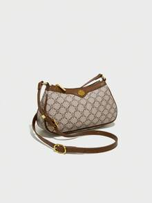 Classic Solid Color PU Waterproof Fabric Shoulder Bag, Metal Buckle Decor, Underarm Baguette Style, All-Over Allover Print Design, Contrast Stitching, Women Wallet, Women Shoulder Bag, Business Commuter Bag, Suitable For Shopping, Commuting To Work, And Social Occasions - Coffee - View 5