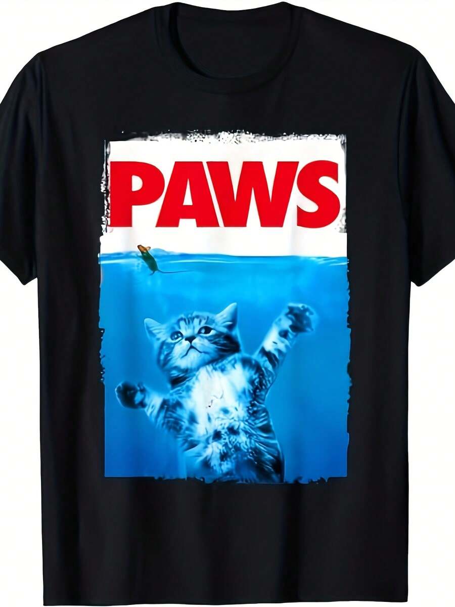 PAWS Cat And Mouse Pattern T-Shirt - Fun And Cute Cotton T-Shirt For Cat Lovers, Black Casual Crew Neck Short Sleeve Top, Underwater Scene Design, Machine Washable, Casual Wear | Humorous Design | Opaque Material - 黑色 - 查看 1