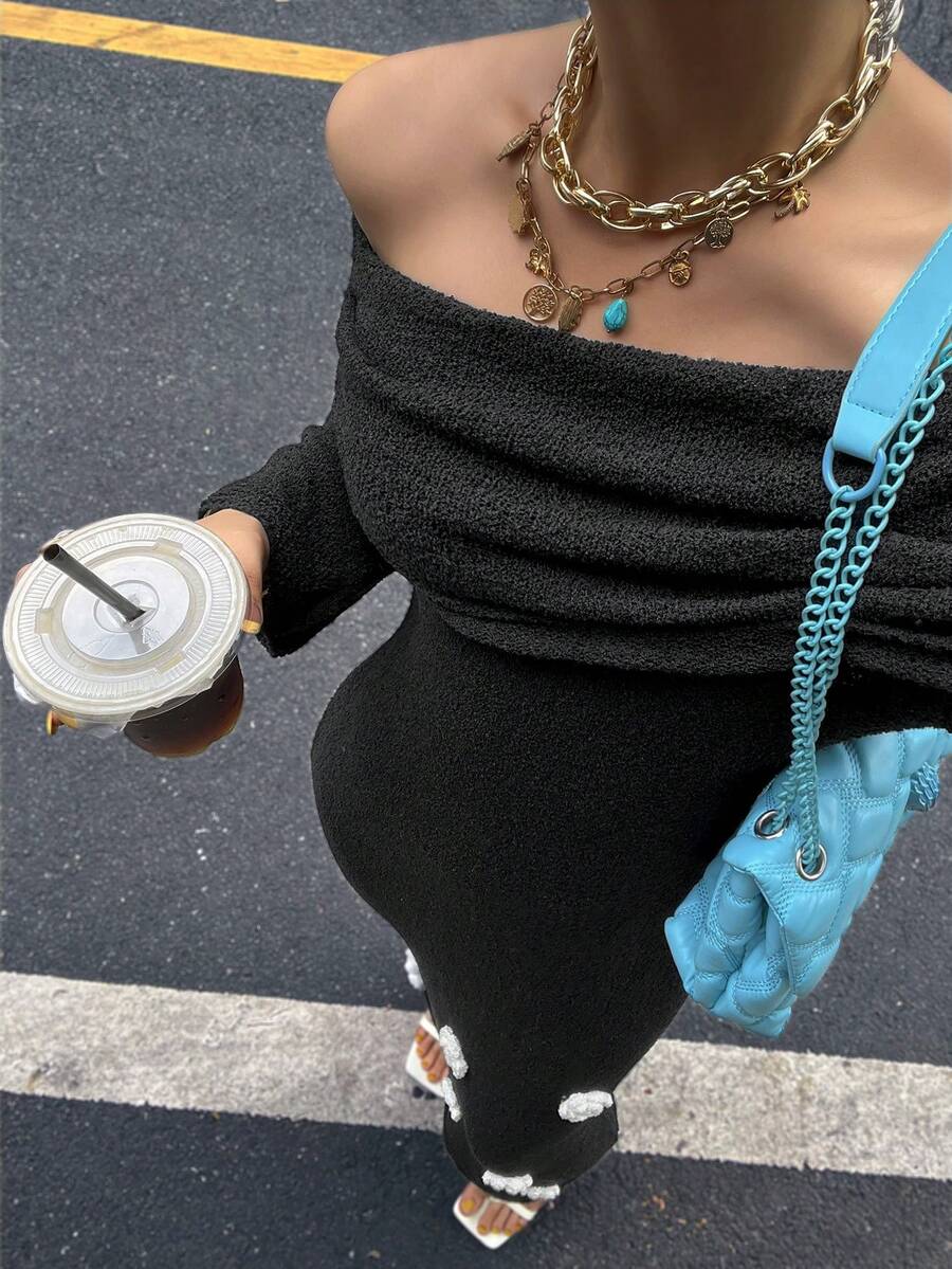 Thời trang nữ Clashing One Shoulder Sexy Street Style Solid Sexy Len Dệt Kim Stereoscopic Floral Long Sleeve Daily Ladies Sweater Dresses