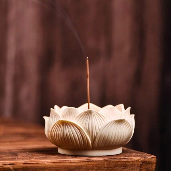 Elegante quemador de incienso de loto blanco con varilla dorada - Soporte de incienso de resina, adecuado para decoración del hogar y spa, decoración de escritorio sin perfume, artesanía exquisitamanship, material de plástico, decoraciones aromáticas para el hogar A Accesorio para hogar Golden Dorado, Soporte para incienso.