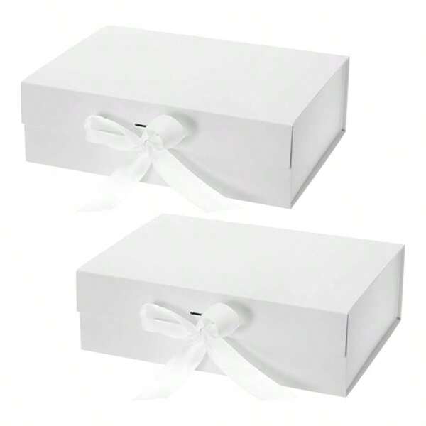2pcs White Gift Box With Lid For Presents 13x9.7x3.4 Inches With Ribbon And Magnetic Closure, Gift Packaging Box For Family And Friends, Wedding, Birthdays, Christmas, Halloween, Thanksgiving, Anniversary, Bridesmaid Proposal Box, Luxury Gifts Box, Holiday Gift Universal