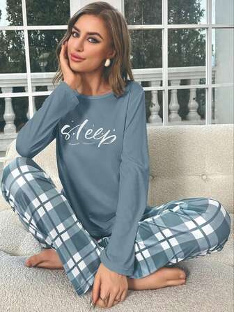 Letter Graphic Long Sleeve Top & Pants Pajama Set, Women Sleepwear, Fall Winter Clothes