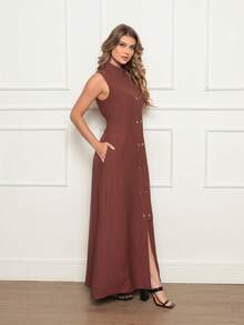 Long Samara Dress With Buttons And Pocket With Front Opening - 鏽棕色 - 查看 5