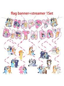 Bluey بنر خلفية صور حفلة عيد ميلاد كلب عائلة وأصدقاء بلويز مع أعلام ملونة هدايا