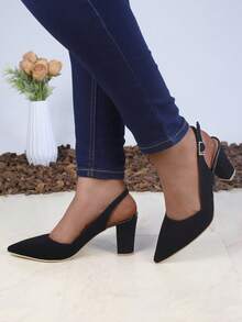 Zapatos de tacón para mujer, punta afilada, tira delgada trasera, tacón grueso, estilo casual elegante para oficina y diario - Negro - Ver 3
