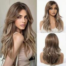 MLong Layered Brown Wigs With Bangs Long Wavy Wigs With Blonde Highlights 20 Inch Curtain Bangs Wigs For White Women Light Brown Synthetic Wig Hair Replacement Wig For Women Daily Party Cosplay Use8001 - 棕色高光 - 查看 1