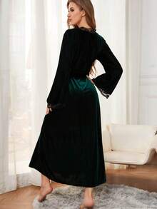 Women's Velvet Kimono Robe Long Nightgown With Sleeves Lace Bathrobe Sleepwear For Bridal  Plain    Button Front  Bow    Casual-Young    Long Sleeve    Long - 墨綠色 - 查看 4