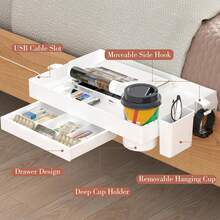 SPACEKEEPER Bedside Shelf For Bed, Foldable Bunk Bed Shelf Organizer For Top Bunk College Dorm Room Essentials Clip On Nightstand Bed Side Shelf Tray With Hanging Cup, Normal Size,Plus With Drawer - 白色 with drawer - 查看 5