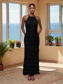 Women's Ruched Bodycon Long Dress Sleeveless Backless Solid Color Dress Cocktail Party Dress - Black - View 6