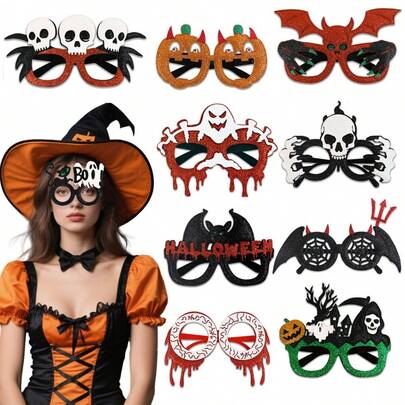 1PC Halloween Eyeglasses Novelty Toy Glasses Cosplay Halloween Party Favor Funny Glitter Funny Party Decorations Glasses Pumpkin Spider Web Ghost Bat Hat Skull Eyeball Eyewear