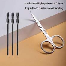 Eyebrow Scissors And Three Eyebrow Brushs,Nose Beard Trimming Scissors Eyelash With Curved Craft Stainless Steel Scissors