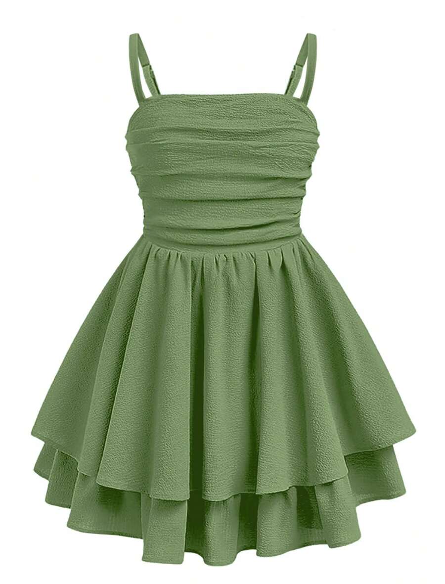 EXARUS Vestido corto informal de verano con tirantes finos ajustables y fruncido con dobladillo abullonado para niñas - Verde - Ver 1