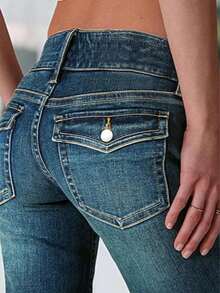 Women's High Waist Flared Jeans, Showcasing Decorative Silver - Buttoned Pockets, Contrast Stitching, Faded Wash, Double - Button Front, And A Retro Flared Silhouette For Distinctive Style