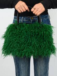 Furry Shoulder Bag For Women Fuzzy Faux Fur Large Tote Handbag Cute Soft Fluffy Purse Tote Bag For Women, Lightweight Puffy Tote Bag With Compartments Quilted Shoulder Bag  Furry Purse Fluffy Tote Bags For Women Winter Faux Fur Bag Fuzzy Purses And Handbags - 綠色 - 查看 1