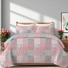 Juego de edredón de 2/3 piezas con estampado floral de patchwork cuadrado rosa (1 edredón + 1/2 fundas de almohada), 100 % microfibra, juego de colcha con estampado de rayas pequeñas y patrón combinado de varios elementos, antideslizante y lavable a máquina, juego de edredón de verano, decoración de habitación - flores rosas - Ver 2