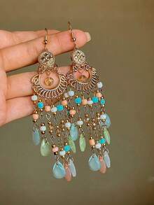 2 件套波西米亚复古彩色串珠流苏吊坠耳环，优雅个性珠宝，适合女士派对、度假和日常佩戴